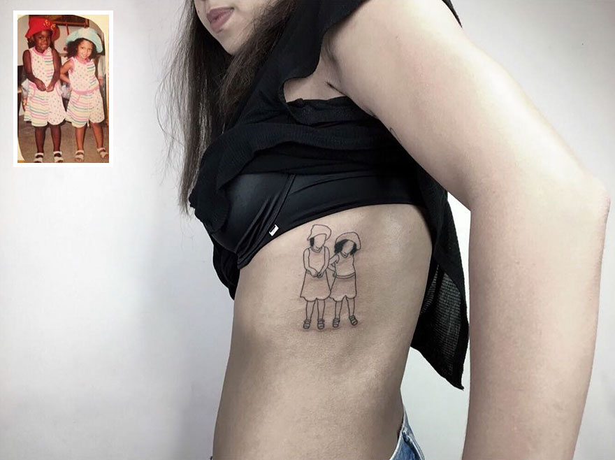 Татуировщик превращает детские фотографии людей в стильные татуировки